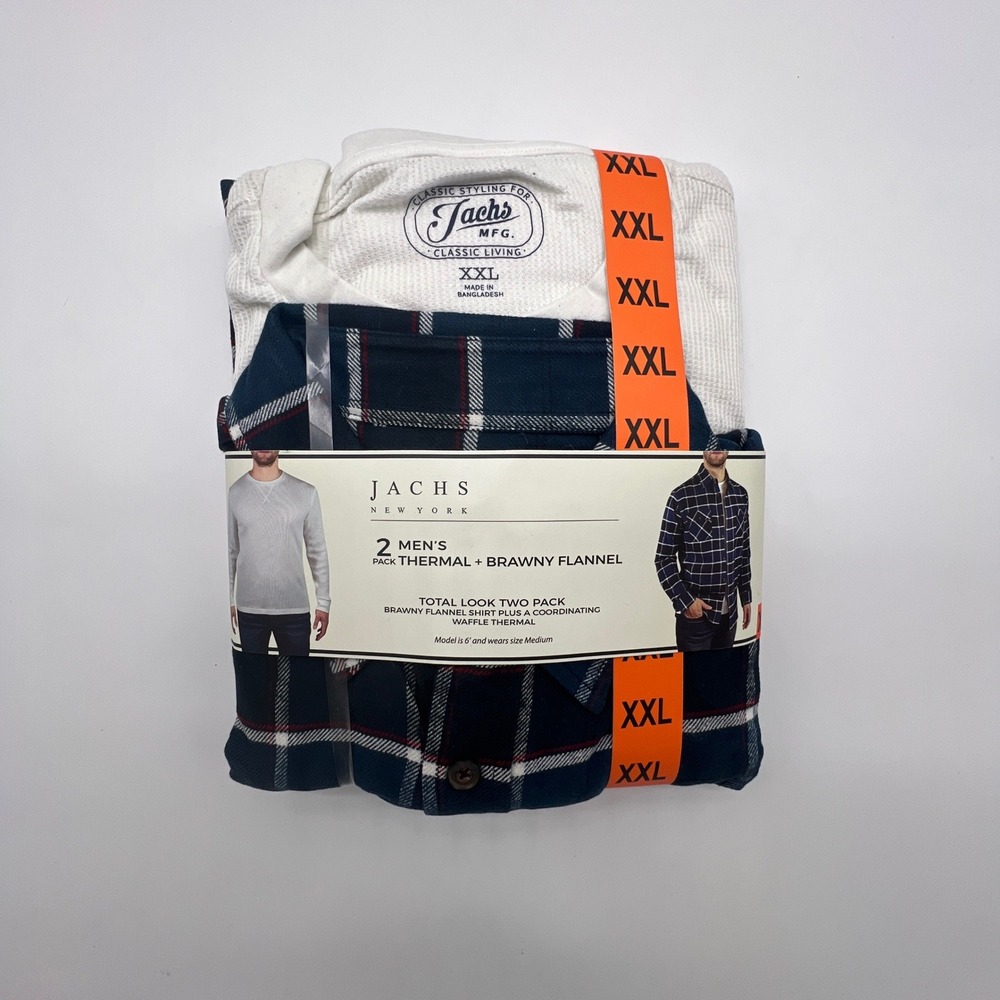 Jachs New York Mens 2 Pack Brawny Flannel Shirt and Waffle Thermal Navy XXL NEW